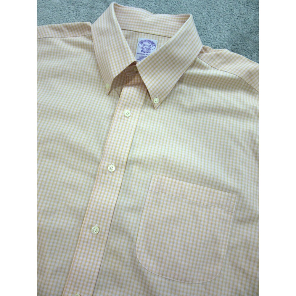 Brooks Brothers Dress Shirt Men's 16.5 -32 Non-Iron Original Polo Plaid Orange